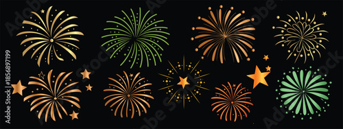 Fireworks on white background, fireworks clipart no background, icon, vector, illustration for Xmas, new year, holiday, birthday, anniversary, victory, party, carnival, 4th of July, printable banner 1