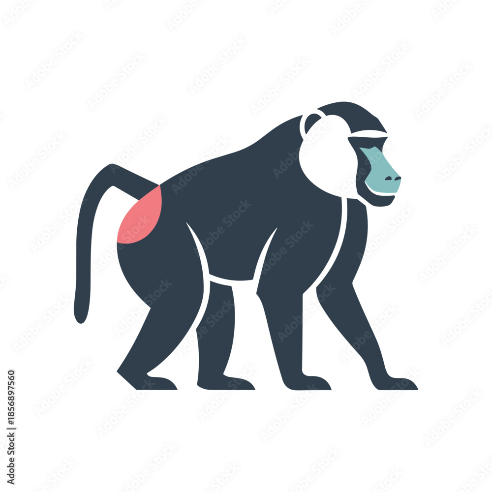 Obraz premium Stylized illustration of a baboon walking with a distinctive blue face and red hindquarters.