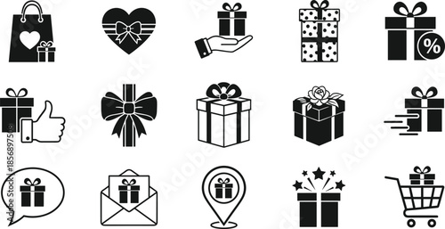 Minimalist Gift and Shopping Line Art Icon Set, Present, E-commerce, Promotion, Holiday Surprise, Delivery, and Customer Feedback Vector Graphic