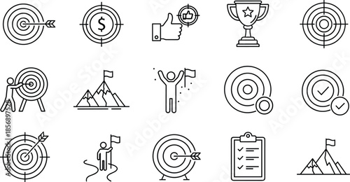 Minimalist Goal Setting and Achievement Line Art Icon Set, Target, Success, Business, Motivation, and Financial Victory Vector Graphic Collection