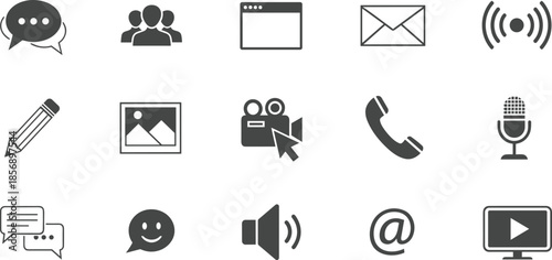 Minimalist gray communication icons set on white background featuring social media web interface symbols for business marketing and digital application design