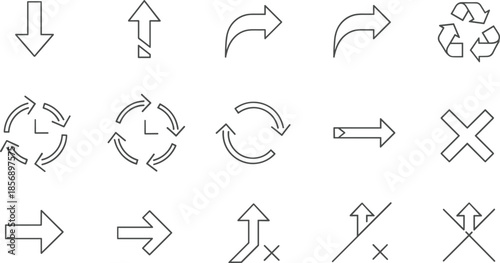 Minimalist gray line art arrow icons set on white background featuring directional pointers navigation symbols recycling and reload signs for interface