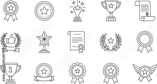Minimalist gray line art award icons set on white background featuring trophies medals certificates and laurel wreaths for recognition success achievement
