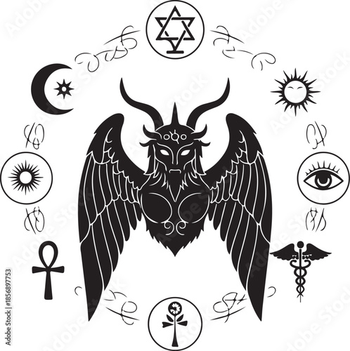 Occult symbols surrounding baphomet illustration