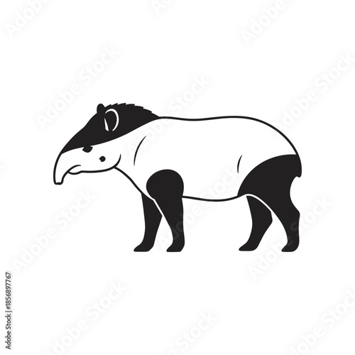 Tapir illustration in black and white showing the animals features.
