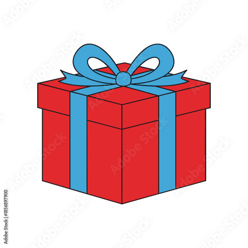 Vibrant Red Gift Box with Blue Ribbon and Bow.