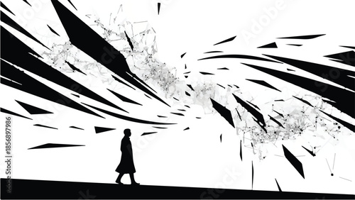 Silhouette of person walking alone in abstract black and white dynamic motion background with streaks and splatters