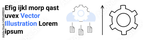 Gear above cloud with documents suspended below, next to vertical arrow. Represents cloud computing, automation, data management, growth, innovation, productivity, simple landing page