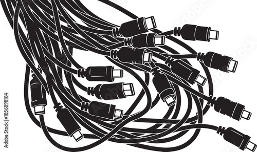 Tangle of black computer cables and usb connectors illustration design
