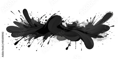 A grunge vector illustration featuring a black ink blot and splat pattern with artistic paint splashes, liquid drips, and textured spray stains for a dirty silhouette design element