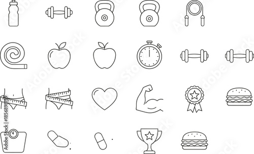 Fitness and gym line icons set featuring workout equipment like dumbbells kettlebells jumping rope stopwatch scales muscle trophy and healthy nutrition symbols for bodybuilding weight loss vector