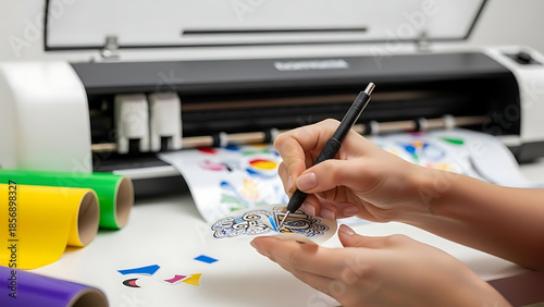 Precision vinyl weeding process for intricate graphic decals using professional metal tool near plotter machine. Modern workshop style.