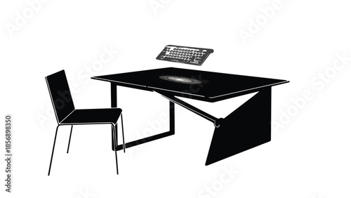 Modern black office desk with laptop computer and chair in minimalist workspace setting for professional business use