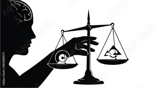 Black silhouette of a person holding a balance scale with a brain and money on each side, symbolizing the balance between intelligence and wealth, financial versus intellectual capital