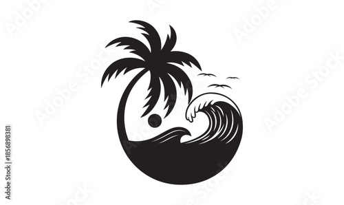 Palm tree with beach waves and tropical ocean sunset in circular logo design vector