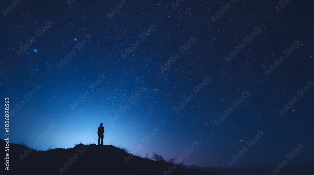 Fototapeta premium Lone Figure Silhouetted Against a Starry Night Sky, Contemplating the Universe.