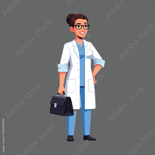 A female doctor standing confidently with a medical bag against a gray background