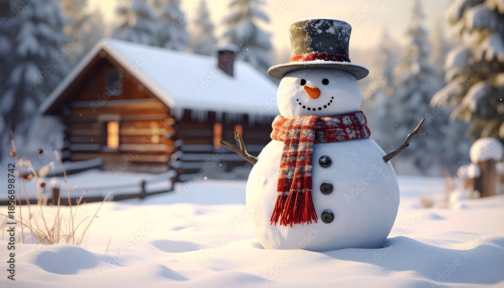Obraz premium Festive winter scene with a happy snowman and a charming log house blanketed in pristine snow.