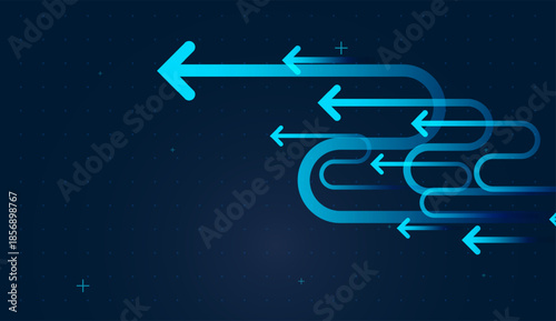 Moving backward arrows on Soft gradients on dark grid background evoke fintech dashboards. and Rounded arrow corners give the design