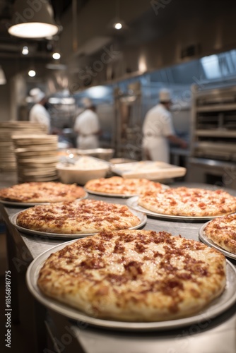 Wallpaper Mural Professional Kitchen with Pizzas Ready for Baking and Cooks in Background Torontodigital.ca