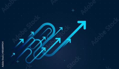 Smooth digital arrows sweep upward, symbolizing rising business metrics. and Curved blue paths show complex strategies converging into clear growth. sucess concept