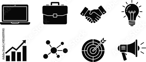 Black and white icons representing business and success concepts including a laptop and briefcase