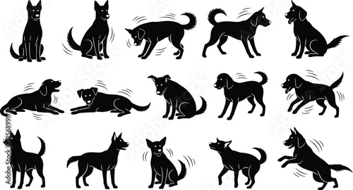 Multiple black silhouettes of a dog in various poses including sitting and standing for pet owners