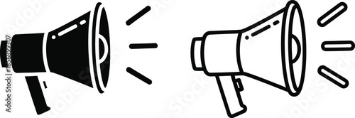 Two black and white line megaphones with sound waves for marketing and public announcement concepts
