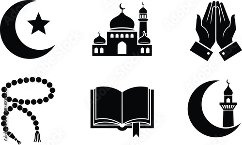 Collection of various Islamic symbols including a mosque and crescent star with prayer hands and beads