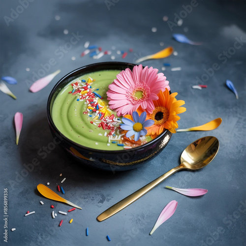 Vibrant green soup in a black bowl with a pink flower garnish