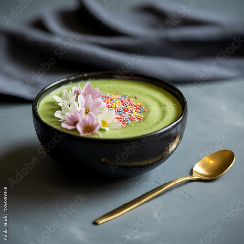 Vibrant green soup in a black bowl with a pink flower garnish