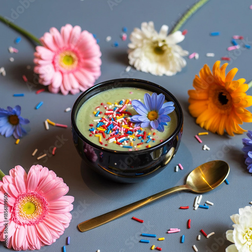 Vibrant green soup in a black bowl with a pink flower garnish