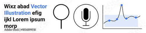 Data visualization, audio analysis, search tools, communication, technology, information management. icons for a magnifying glass, microphone and a line graph. Data visualization and audio analysis