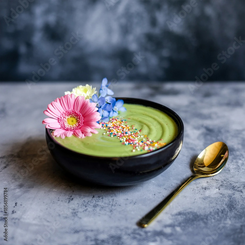 Vibrant green soup in a black bowl with a pink flower garnish