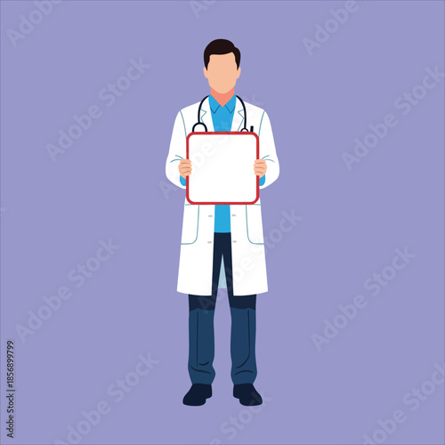 Male doctor holding a blank sign in a simple illustration