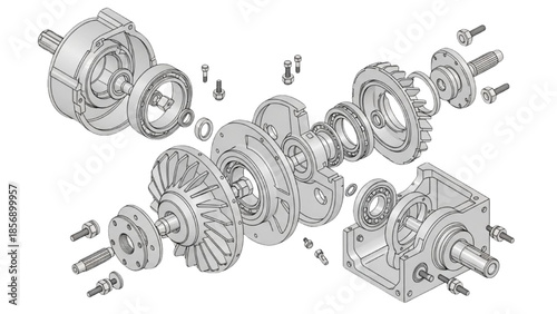 Industrial Turbine Exploded Assembly Diagram with Rotor Shaft and Mechanical Components