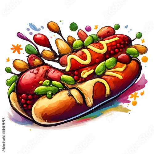 Colorful illustration of two hot dogs topped with condiments and garnishes on a white background with splashes of color.