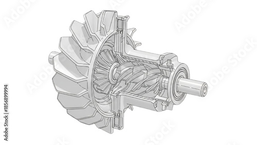 Industrial Turbine Cutaway Section Showing Internal Rotor and Shaft Engineering Illustration