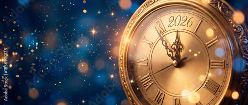 happy new year 2026 countdown clock on abstract glittering midnight sky with copy space, festive party invitation card concept for new years eve