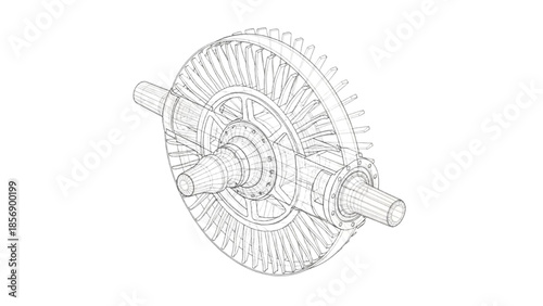 Radial Turbine Rotor Wireframe CAD Illustration with Dense Blade Geometry