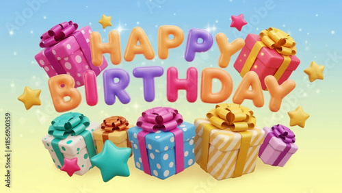 Happy Birthday Celebration with Colorful Gift Boxes and Stars.