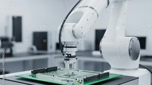 Robotic arm precisely assembling circuit board in a modern laboratory setting.