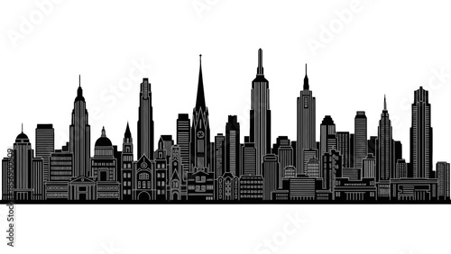 Modern City Skyline Illustration with Tall Buildings and Skyscrapers, Isolated White Background.