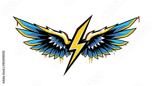 Dynamic Colorful Wings with Lightning Bolt Design and Dripping Paint Effect, Isolated White Background.