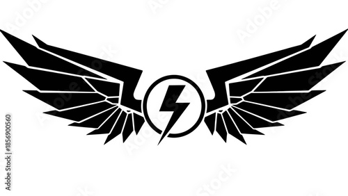 Powerful Winged Logo with Lightning Bolt Symbolizing Energy and Speed on Isolated White Background