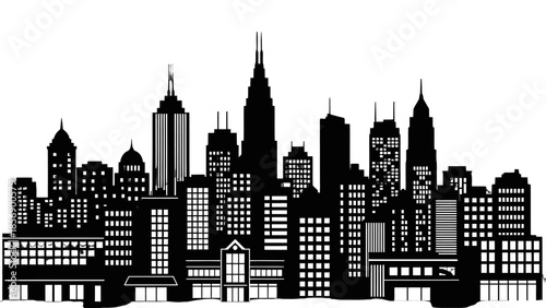 Modern City Skyline Silhouette with Tall Buildings and Skyscrapers on Isolated White Background