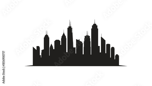 Black Silhouette of Modern City Skyline with Tall Skyscrapers on an isolated white background.