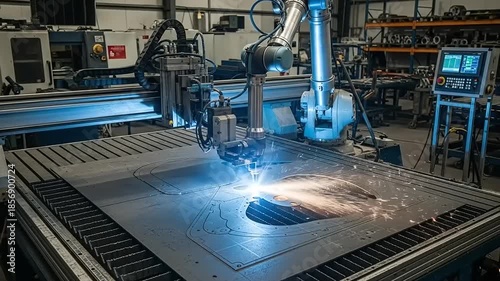Robotic Arm Precision Cutting Metal Sheet in Industrial Factory Setting.