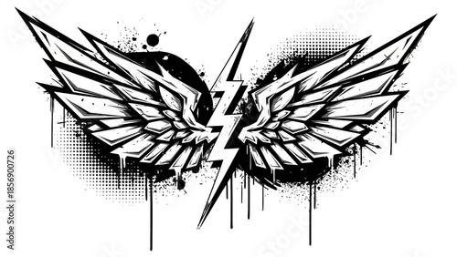 Grungy Black Wings with Lightning Bolt Symbol and Splatter Effects on an isolated white background.