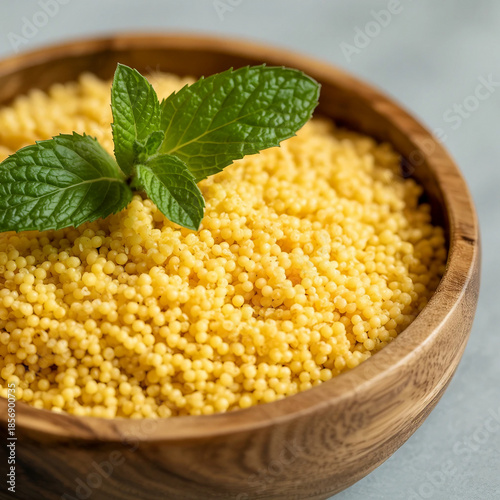 Yellow couscous with fresh mint garnish in a wooden bowl
